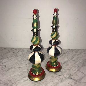 Hand painted wood finial black white green red gold ~ red crystal trim